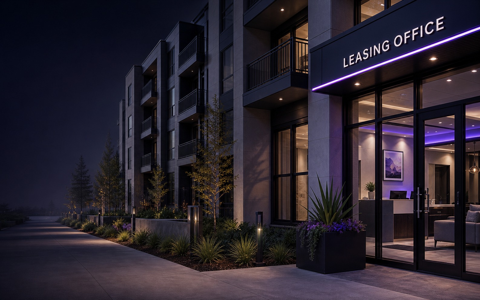 Modern apartment building entrance with a leasing office at dusk